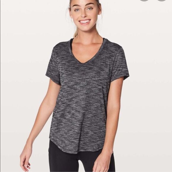 Lululemon What the Sport Short Sleeve V-Neck Tee Heathered Black & Grey Small - Picture 1 of 13